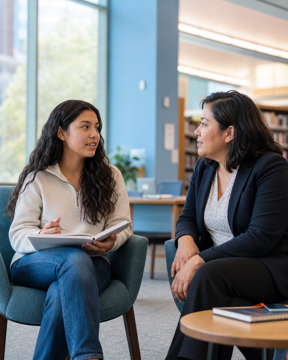 A teen talks with an adult mentor while taking notes